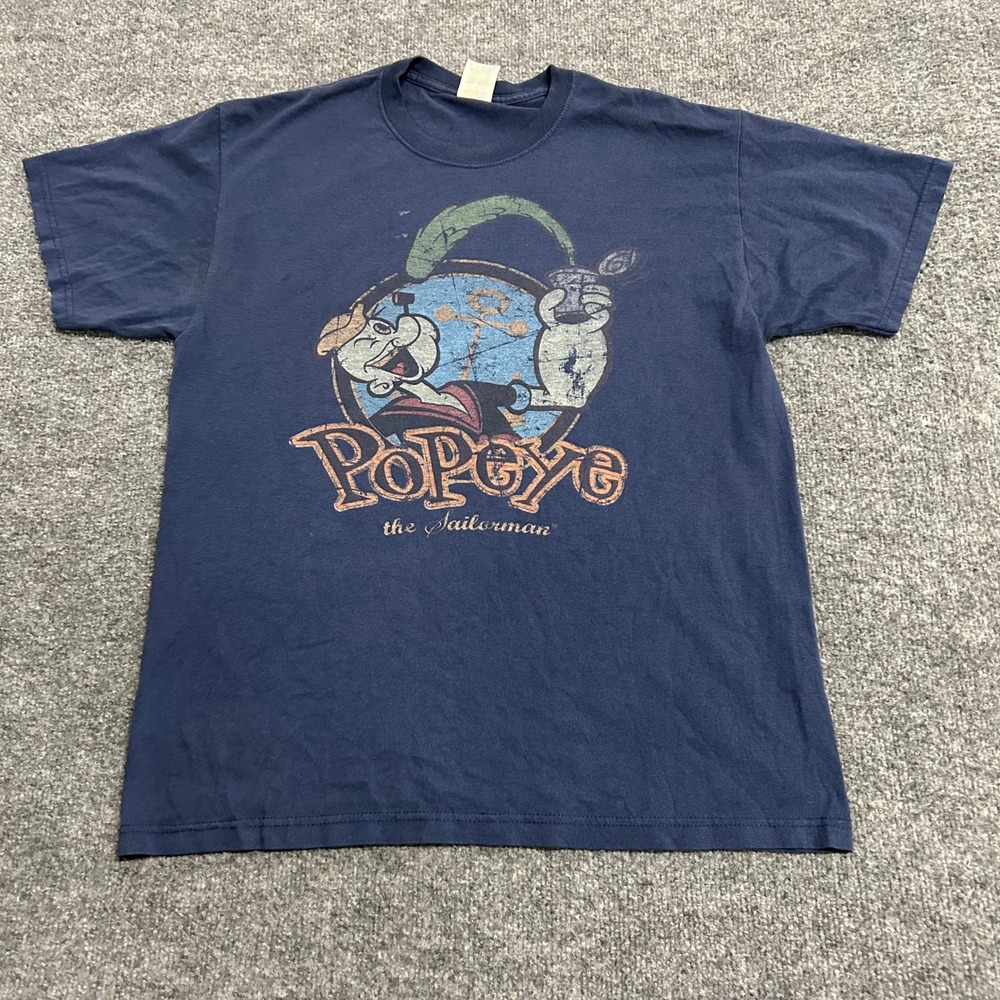 Fruit of the Loom T-Shirt Mens Size L Navy Blue Popeye Graphic Distressed Tee
